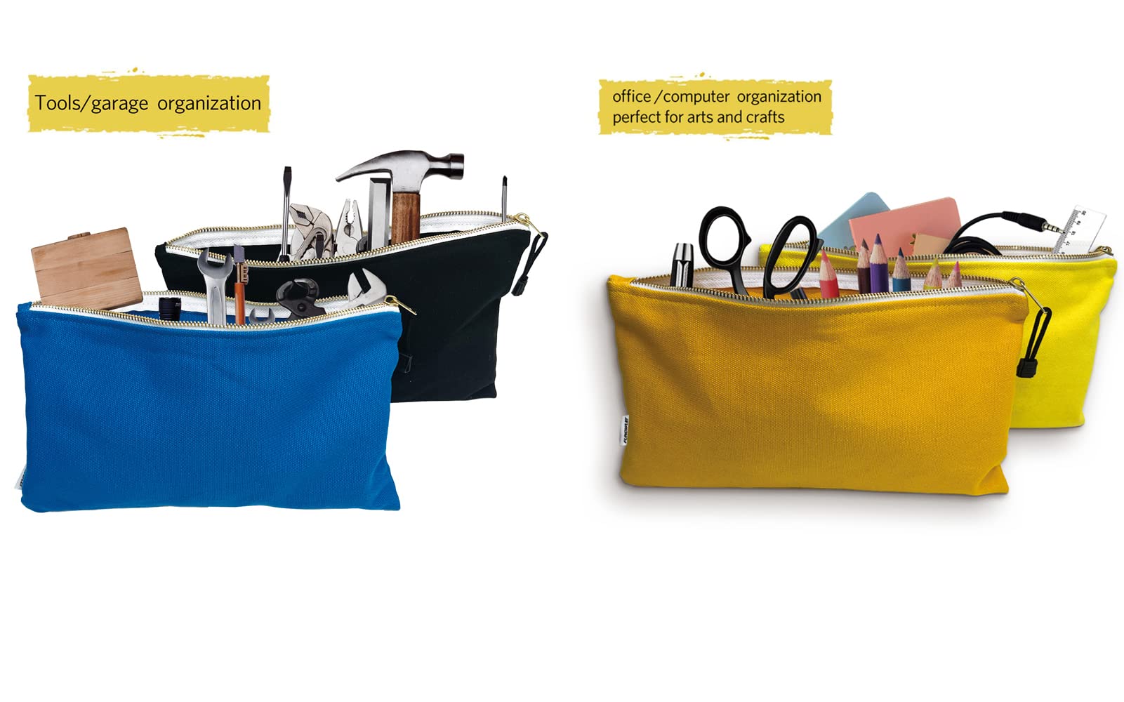 FunOwlet canvas tool bags stacked for compact storage