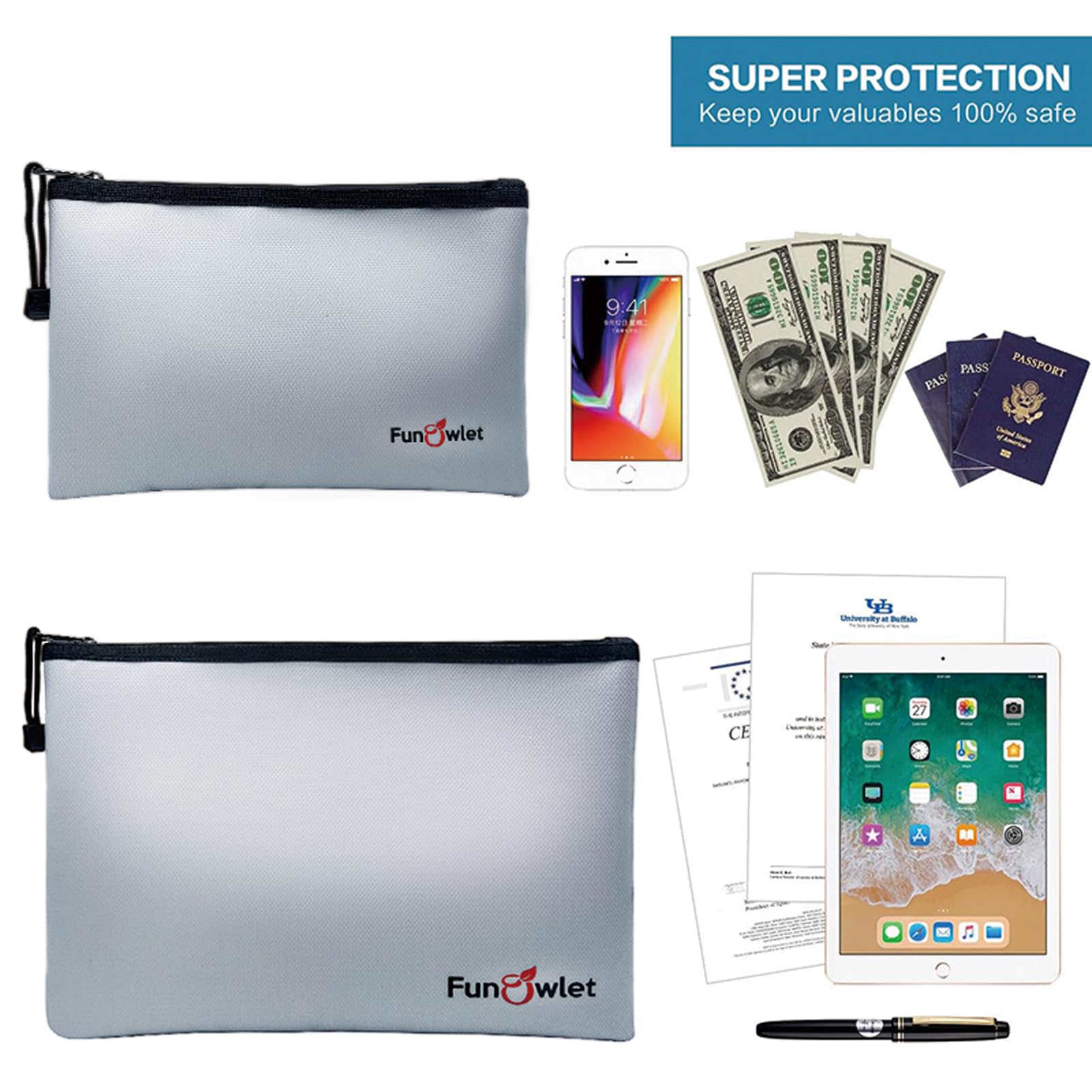FunOwlet bag with documents and cash demonstrates practical protection for valuables.