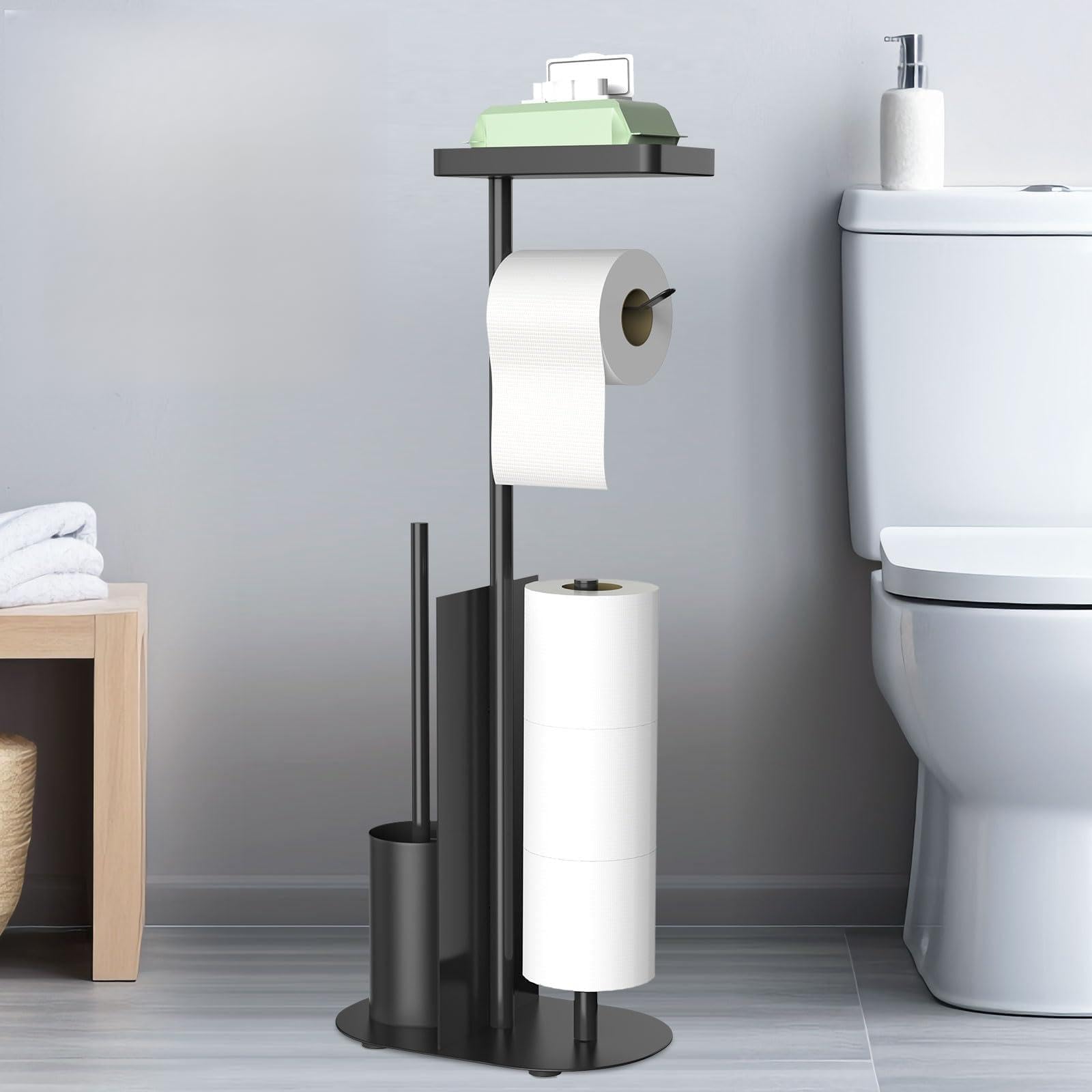 FUNPALA free-standing toilet paper holder with shelf in black, keeps rolls within reach.