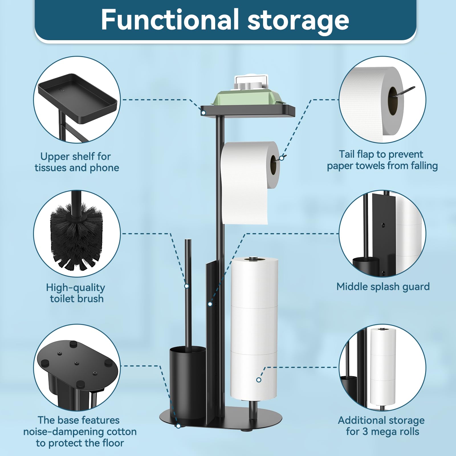 FUNPALA reinforced-base toilet paper stand resists tipping in busy bathrooms.
