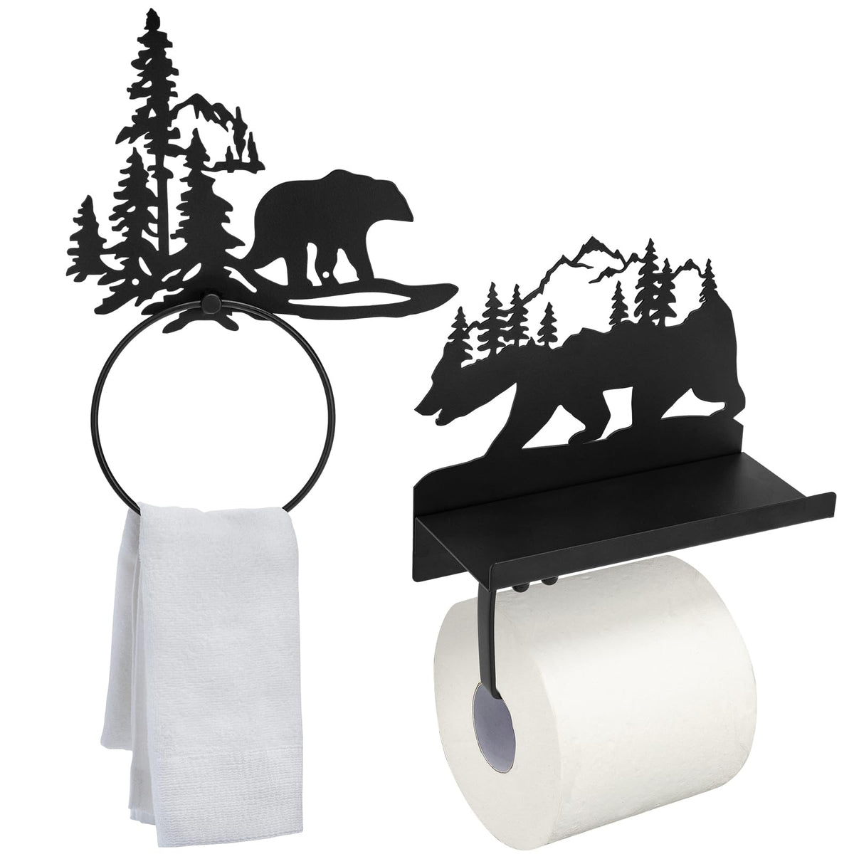 Funrous bear toilet paper holder with shelf in black finish keeps essentials organized