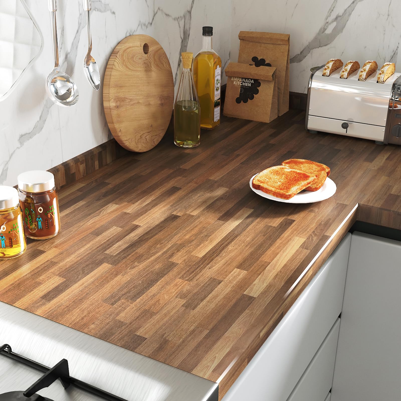 FunStick brown wood countertop contact paper roll with gridlines for easy measuring.