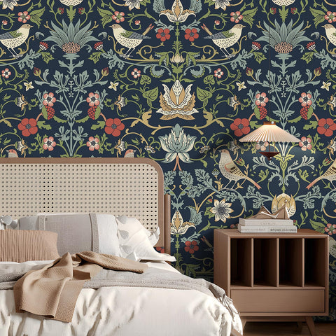 FunStick navy floral wallpaper close-up on leaves and birds, durable and easy to clean