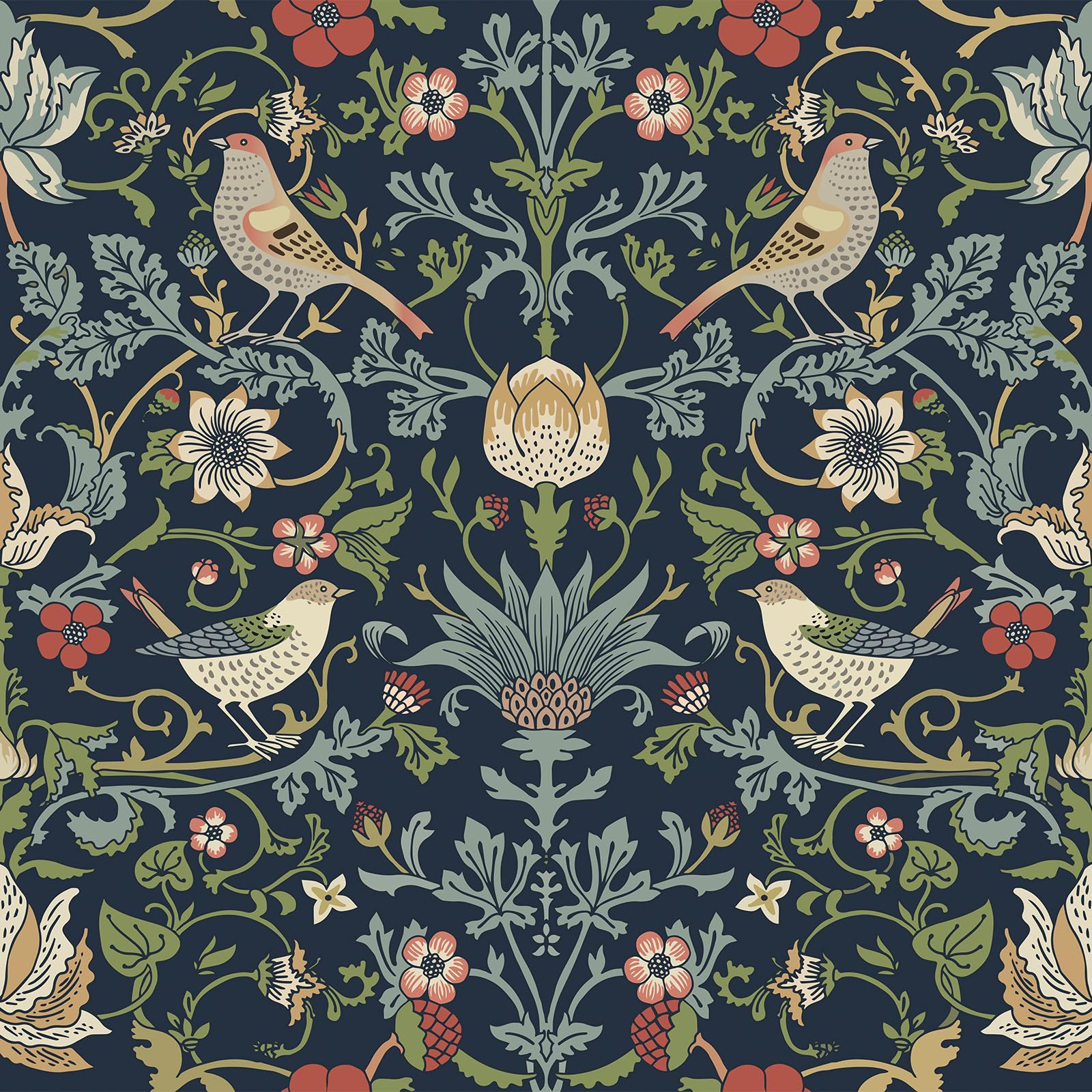 FunStick William Morris dark blue floral wallpaper with leaves and birds, renter-friendly decor
