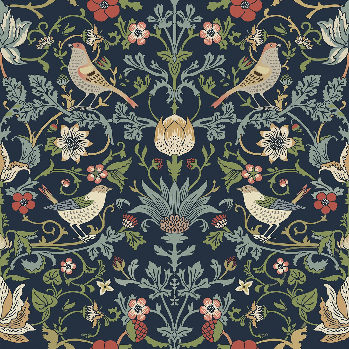 FunStick William Morris dark blue floral wallpaper with leaves and birds, renter-friendly decor