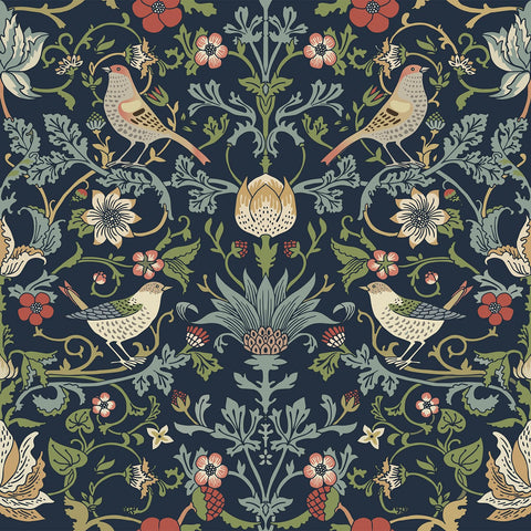 FunStick William Morris dark blue floral wallpaper with leaves and birds, renter-friendly decor