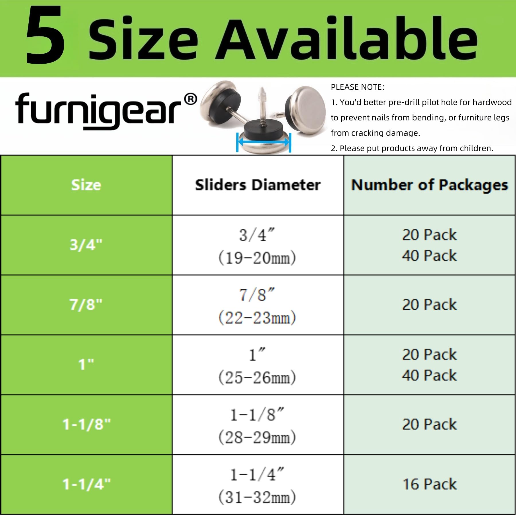 Furnigear Dia nail-on glides 16-pack storage box for organized setup