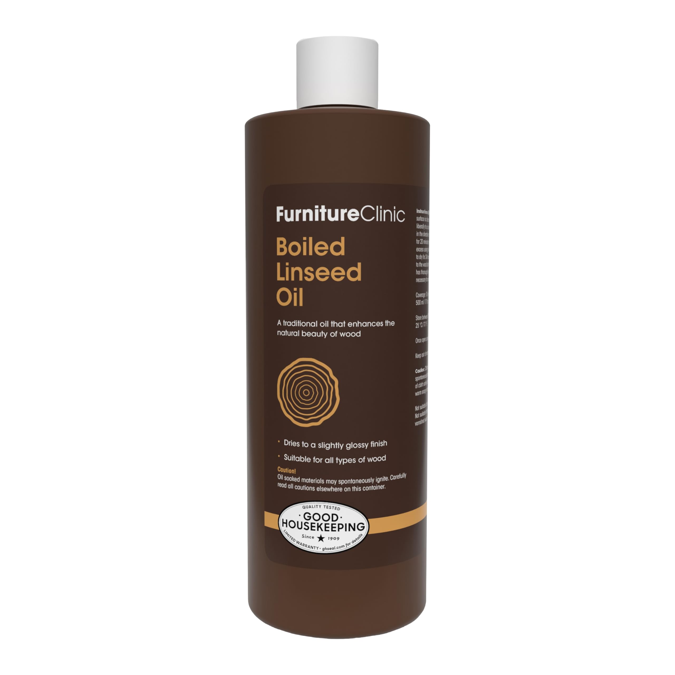 Furniture Clinic Boiled Linseed Oil bottle 500ml showing protective glossy finish for wood