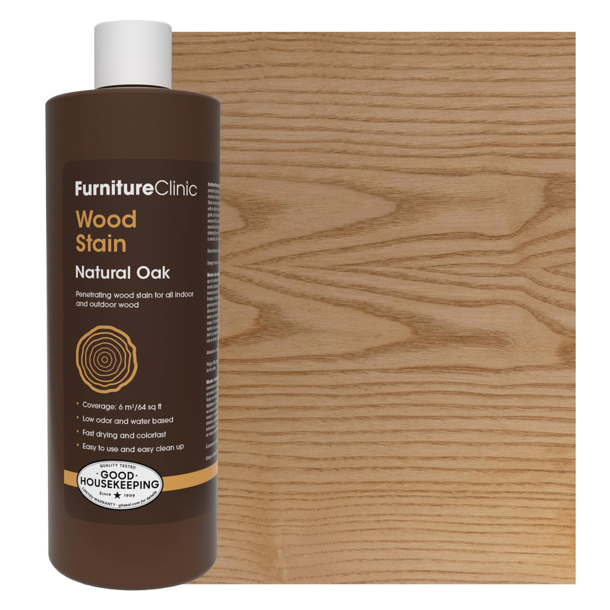 Furniture Clinic Wood Stain Natural Oak bottle shows quick-dry, low-odor performance