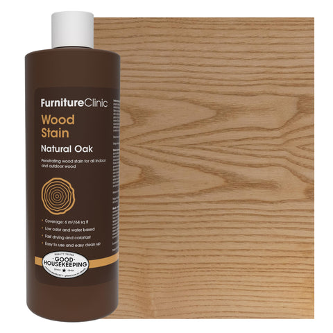 Furniture Clinic Wood Stain Natural Oak bottle shows quick-dry, low-odor performance