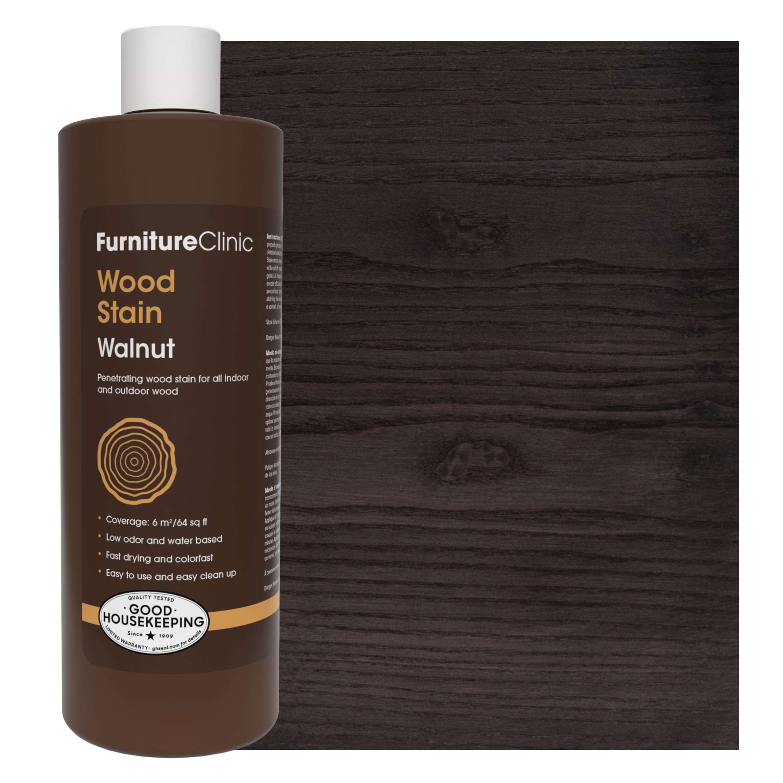Furniture Clinic Wood Stain Walnut bottle front demonstrates quick, even color application.