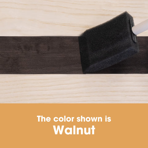 Furniture Clinic Wood Stain Walnut label closeup highlights branding and safety notes.