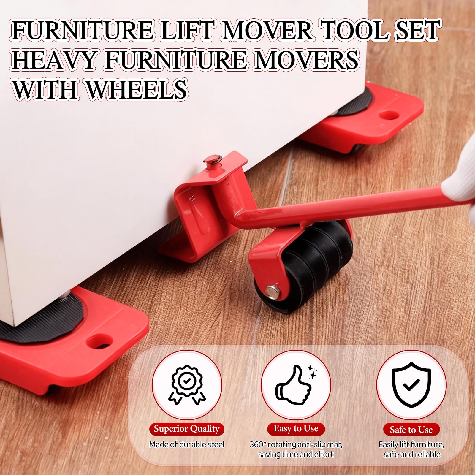 Heavy furniture slider bearing rollers provide smooth movement and safer lifts.
