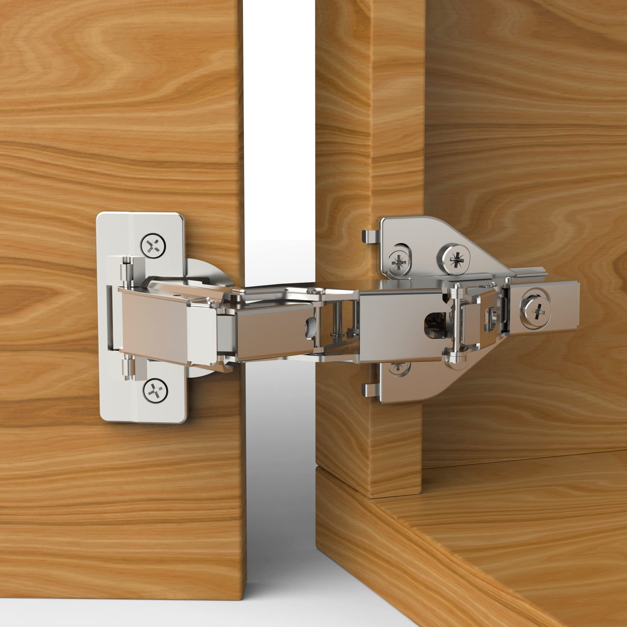 Furniware 165-degree lazy susan hinge for corner cabinets improves access.