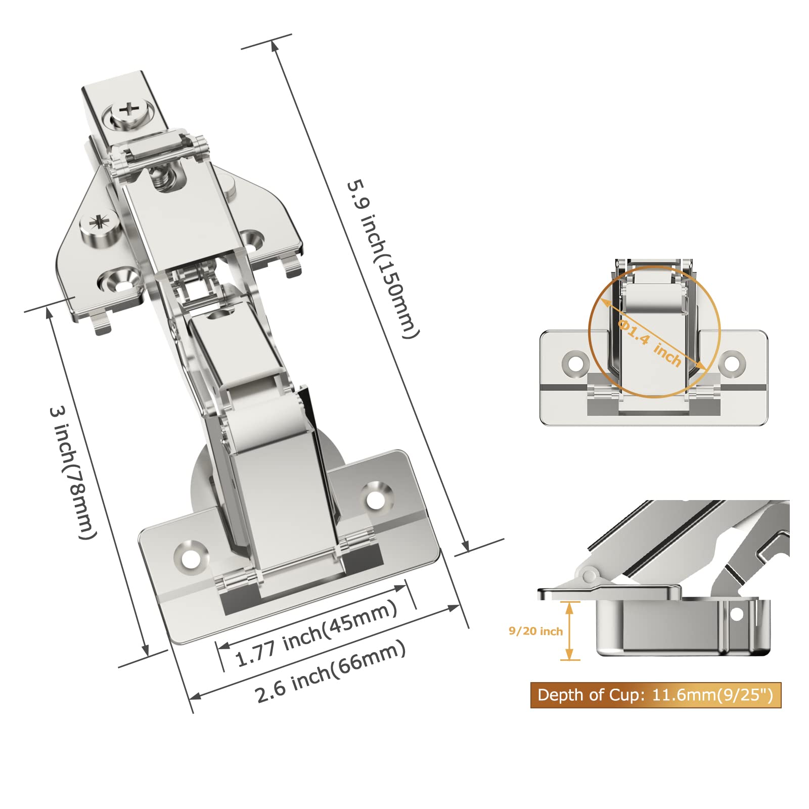 Furniware 35mm x 11.5mm hinge cup suits 18–22mm doors for versatile cabinet use.