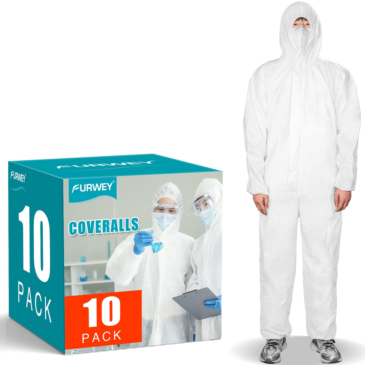 FURWEY hazmat suits 10-pack coveralls pack, bulk protection for workplaces.