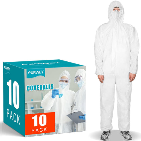 FURWEY hazmat suits 10-pack coveralls pack, bulk protection for workplaces.