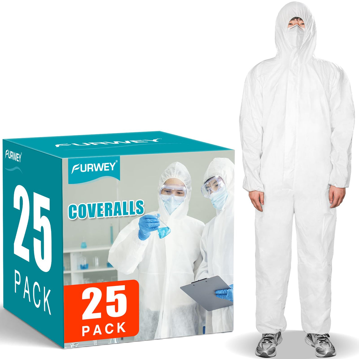 FURWEY Hazmat suits 25-pack packaging for easy storage and quick deployment.