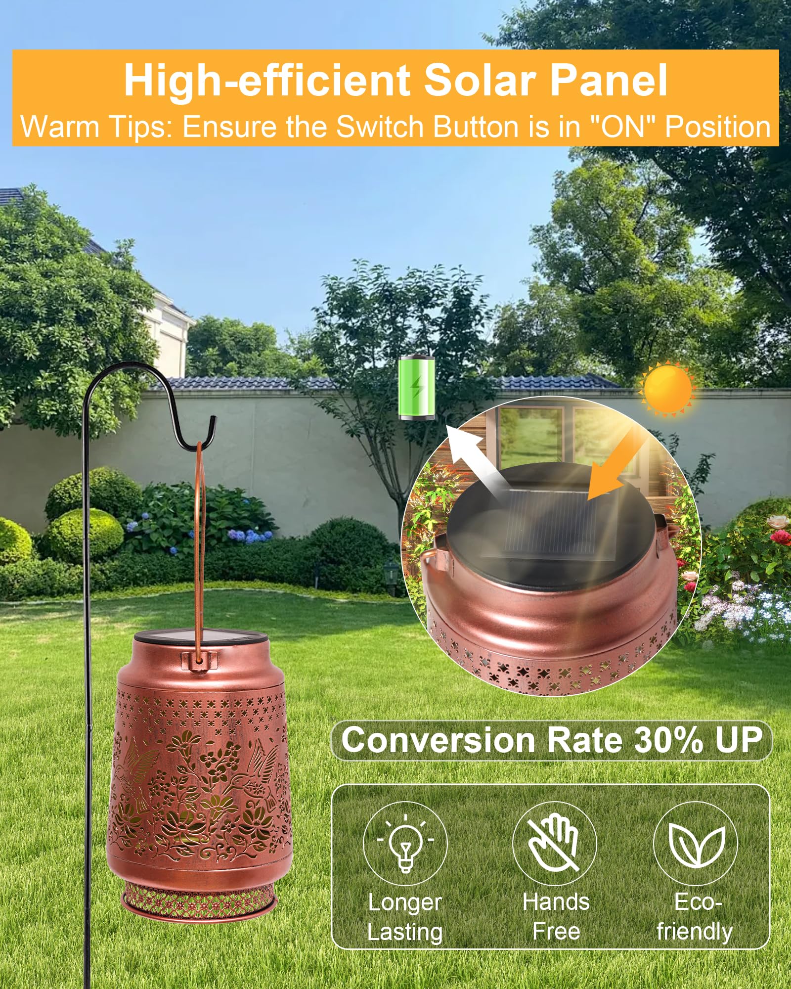 Fussion hanging lanterns from trees create ambient garden lighting.
