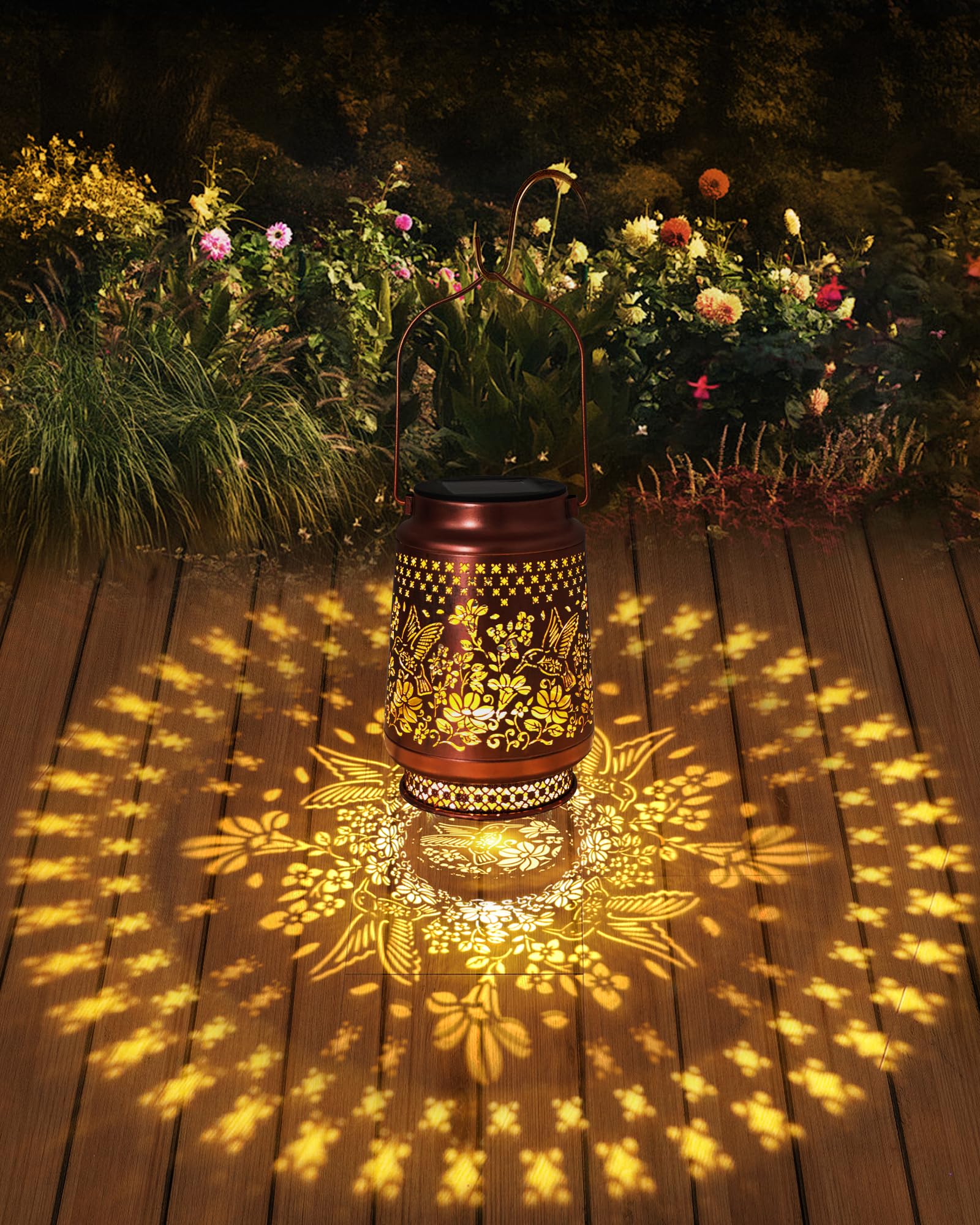 Fussion hummingbird lantern with hollow metal veneer adds elegant outdoor charm.