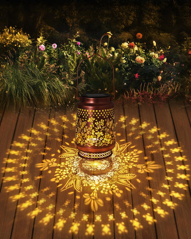 Fussion hummingbird lantern with hollow metal veneer adds elegant outdoor charm.