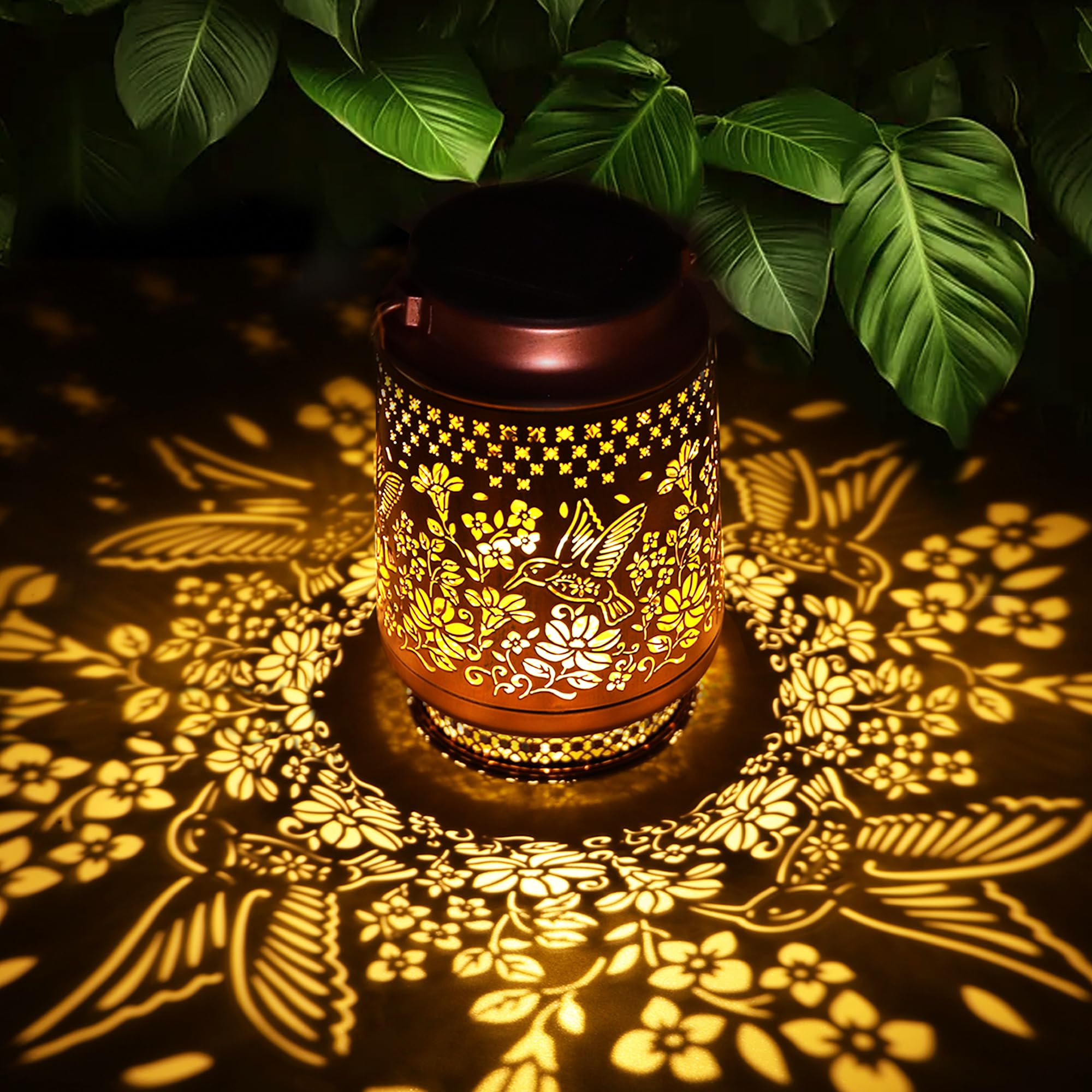 Fussion solar lantern hummingbird garden decor provides warm outdoor lighting.