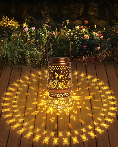 Fussion Butterfly Solar Lantern in gold copper finish delivers durable outdoor lighting.