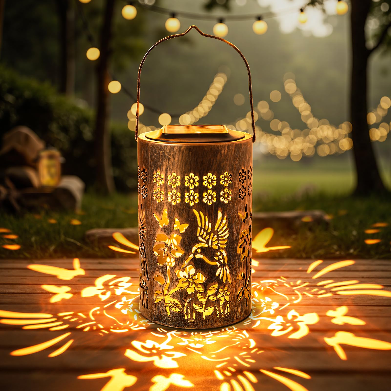 Fussion hummingbird lantern hanging outdoors, glowing softly to enhance garden ambiance.