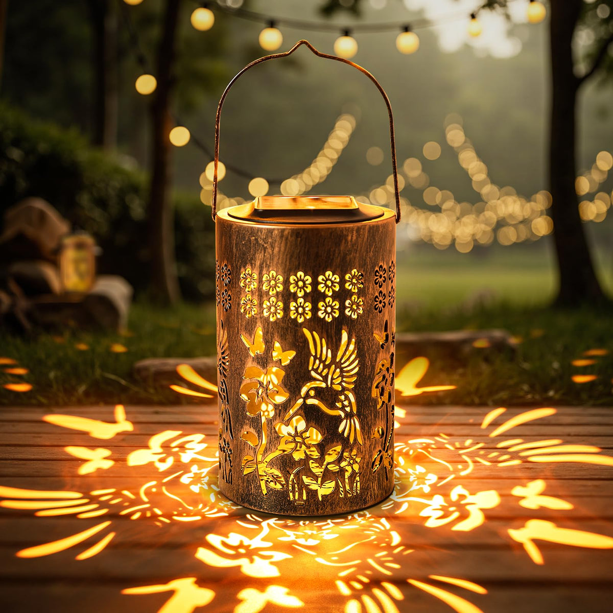 Fussion hummingbird lantern hanging outdoors, glowing softly to enhance garden ambiance.