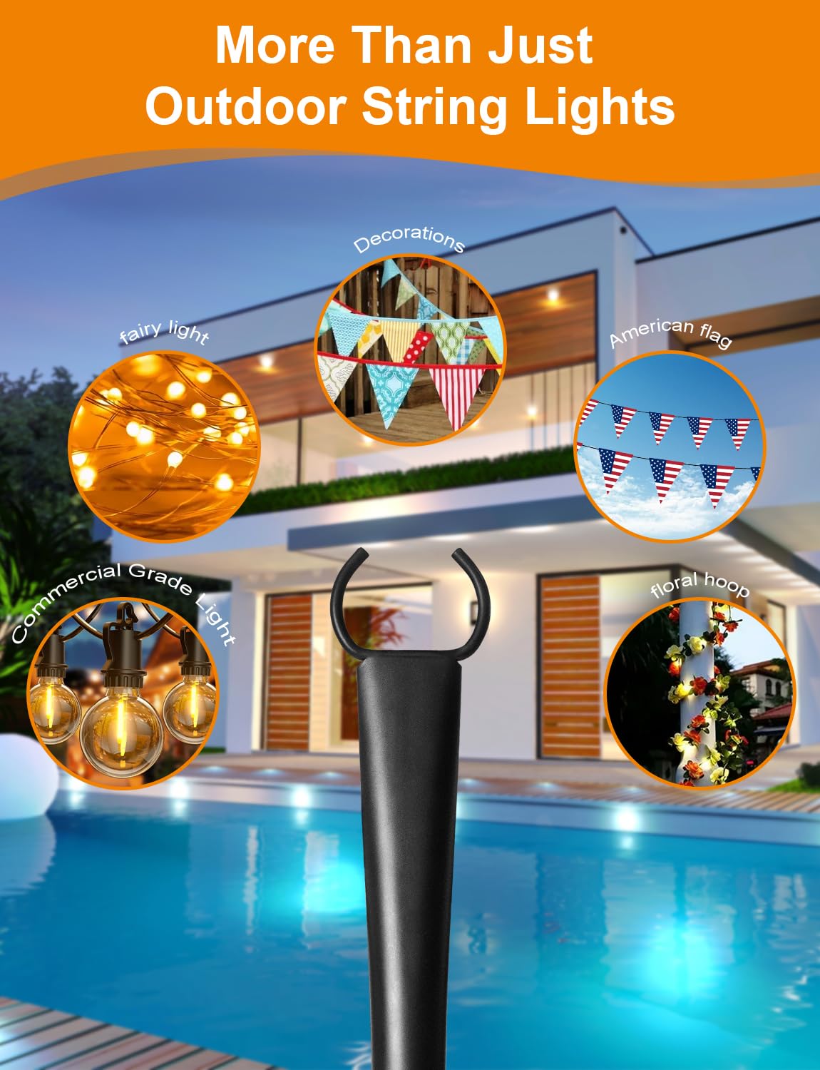 Fussion metal pole with claw top keeps lights secure in wind.