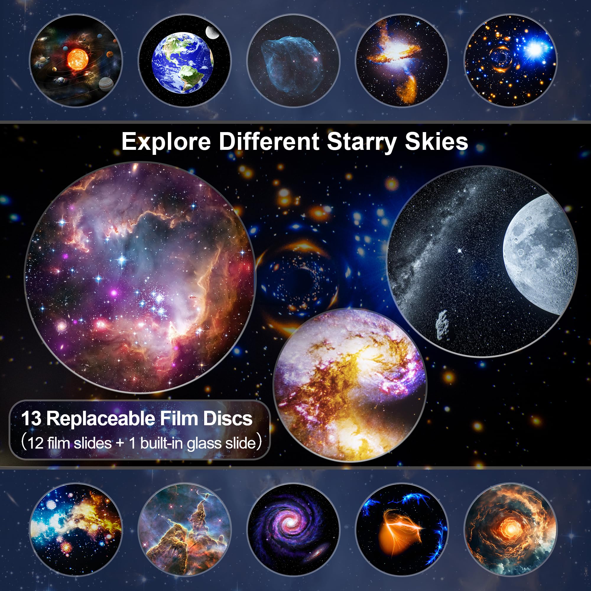 Fussion Planetarium Pro 13 projection discs offer diverse cosmic scenes.