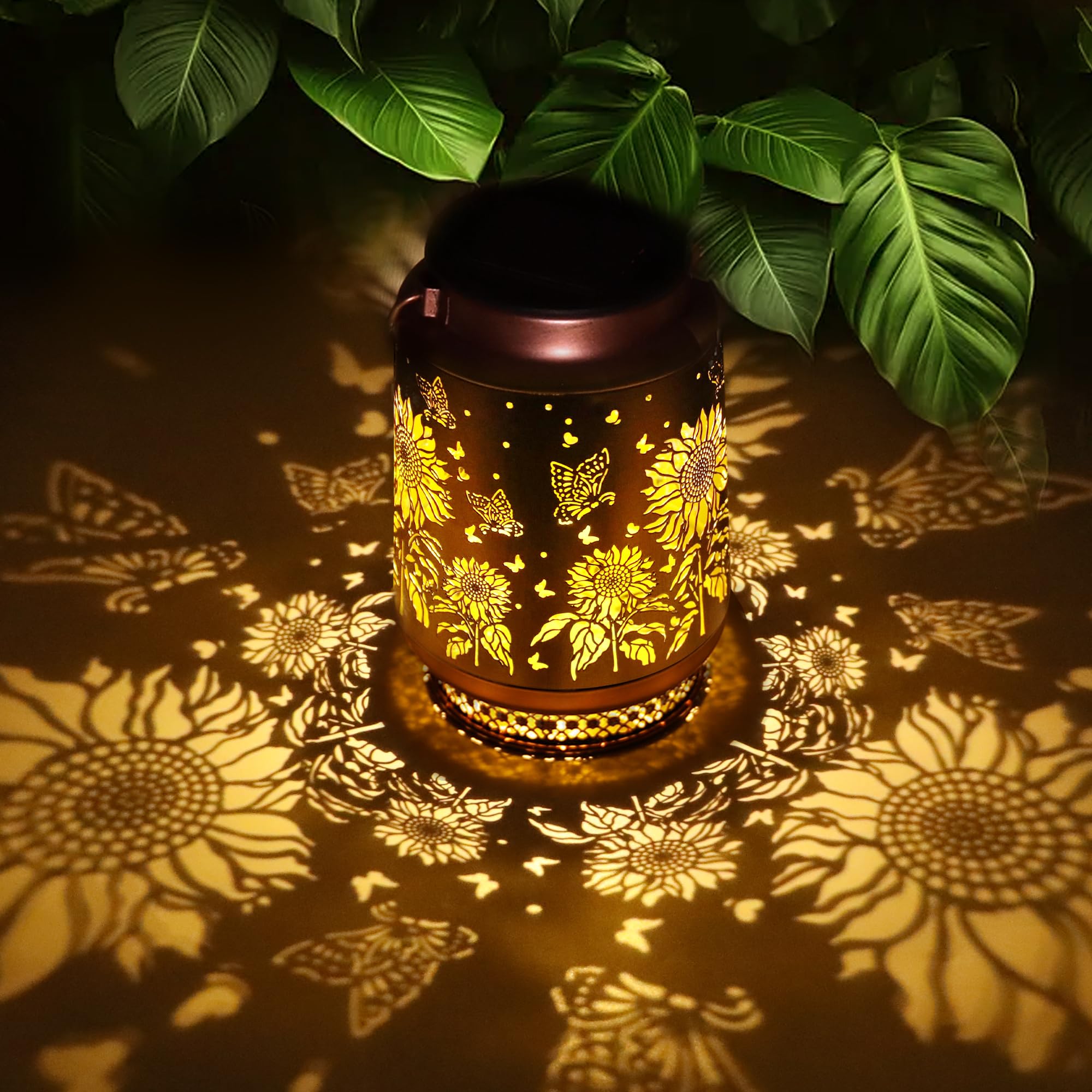 Fussion sunflower solar lantern for outdoor lighting with warm glow and decorative veneer