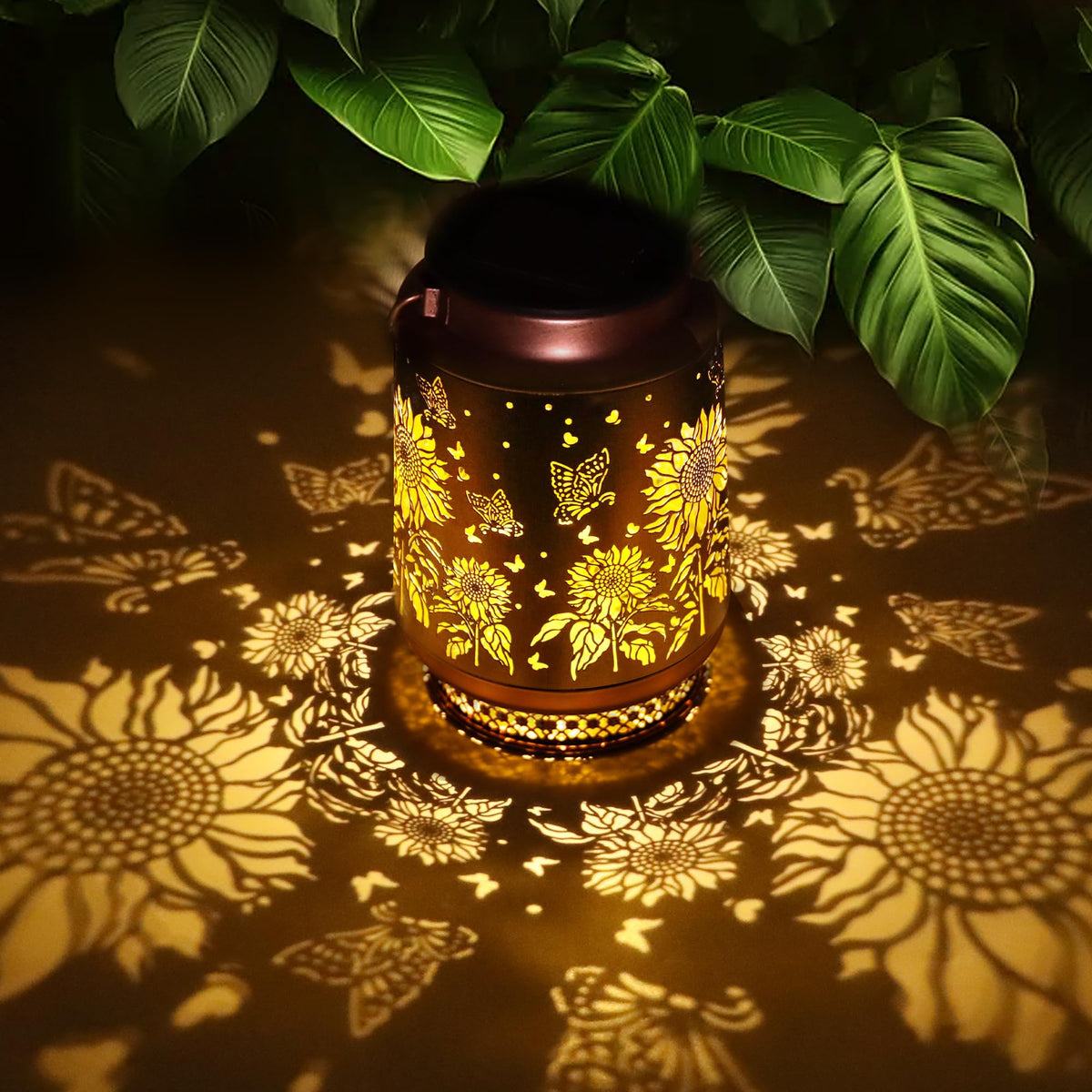 Fussion sunflower solar lantern for outdoor lighting with warm glow and decorative veneer