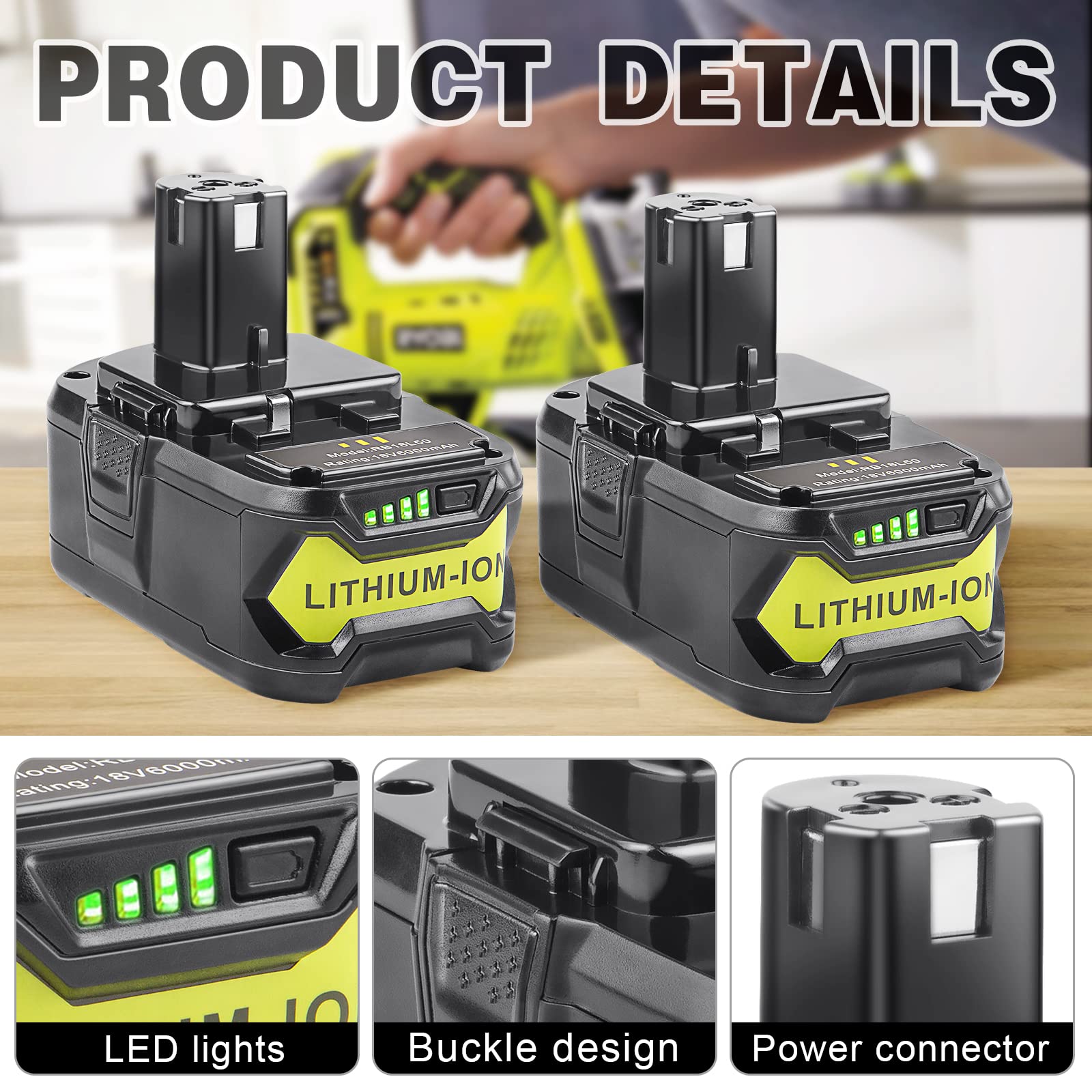 Futurebatt 18V 6Ah battery side view highlighting compatibility labels for Ryobi ONE+ tools