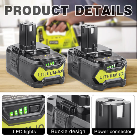Futurebatt 18V 6Ah battery side view highlighting compatibility labels for Ryobi ONE+ tools