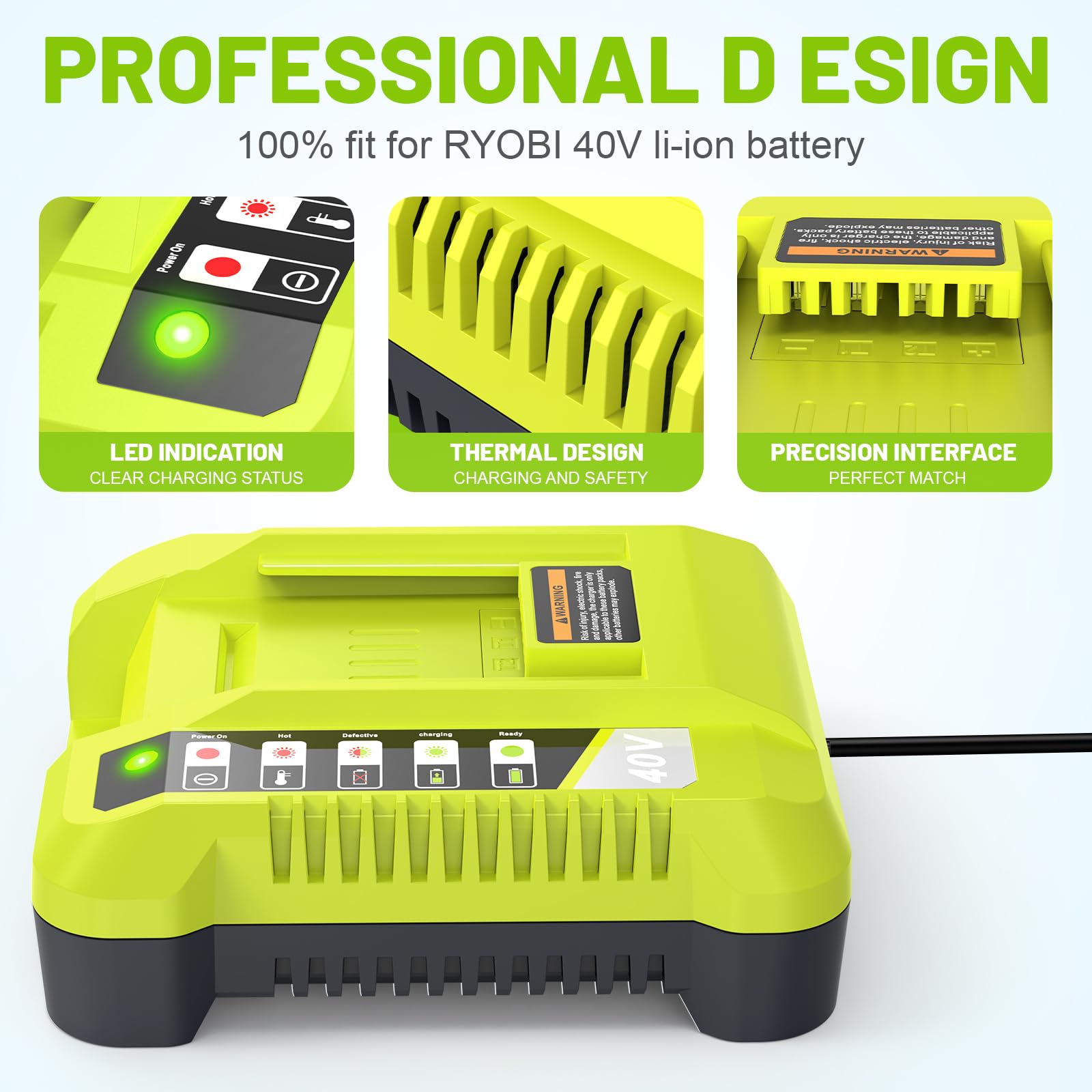 Futurebatt 40V charger shows broad Ryobi compatibility label