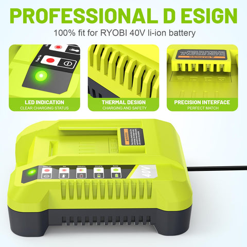 Futurebatt 40V charger shows broad Ryobi compatibility label