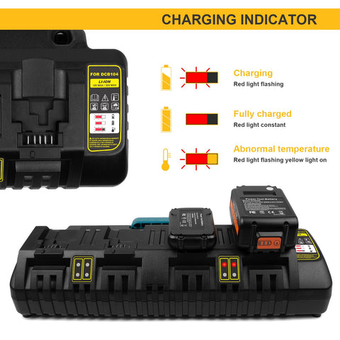 Futurebatt DCB112 supports 10.8V–60V Dewalt batteries for versatile use.