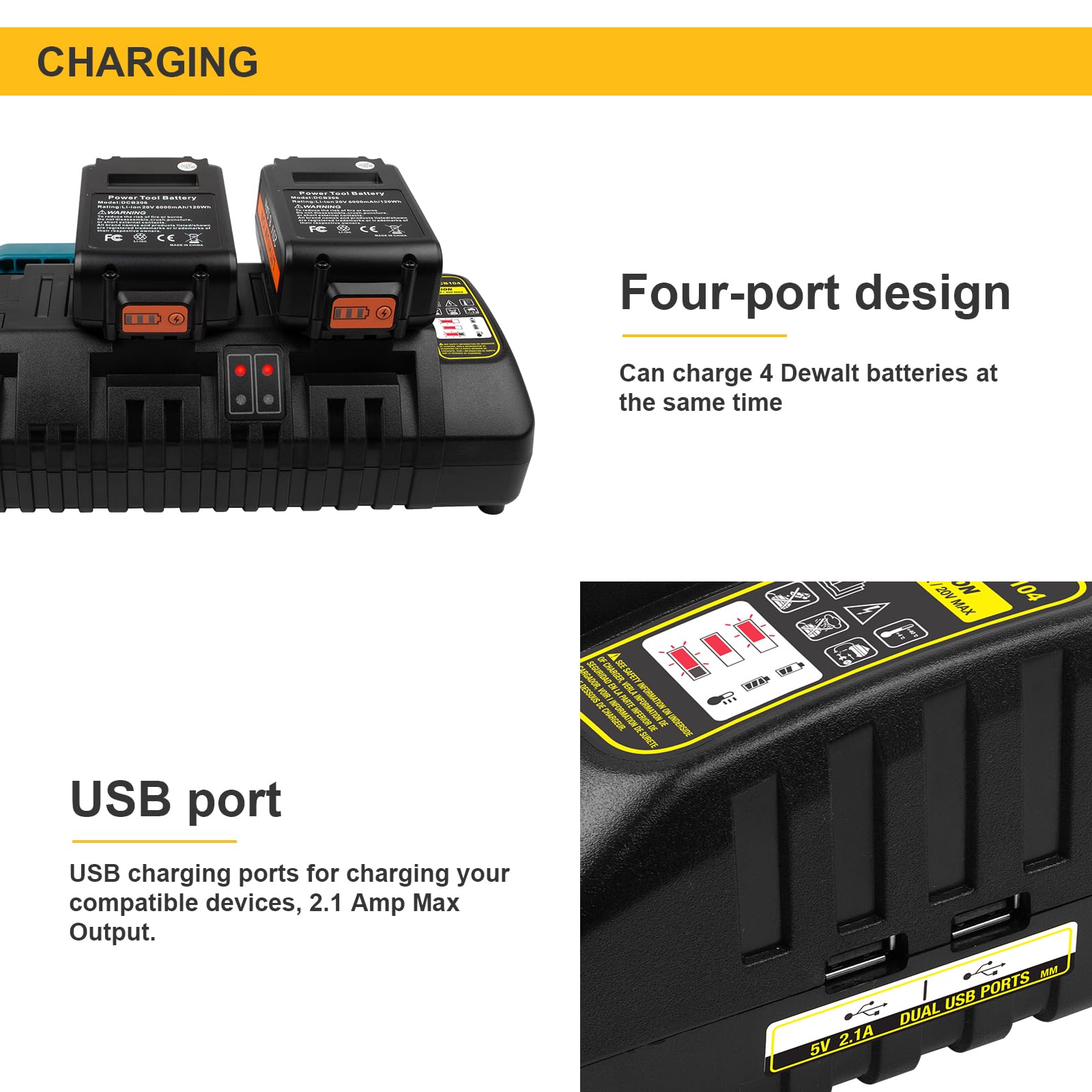 Futurebatt DCB112 side ports enable efficient multi-battery charging.