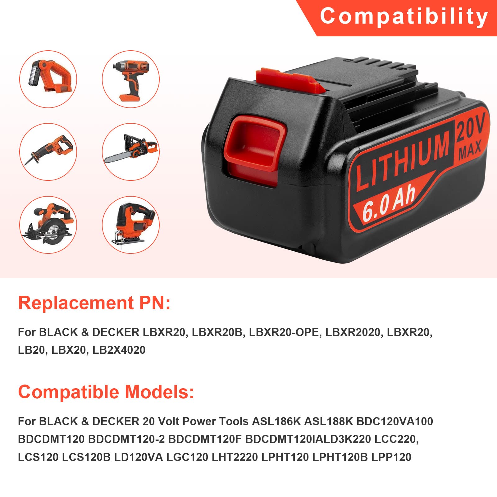 Futurebatt long-life 6.0Ah 20V battery for LBXR2020 enhances durability.