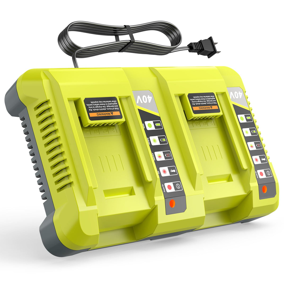 Futurebatt OP401 dual-port charger front view for Ryobi 40V batteries, space-saving in-home workshop use