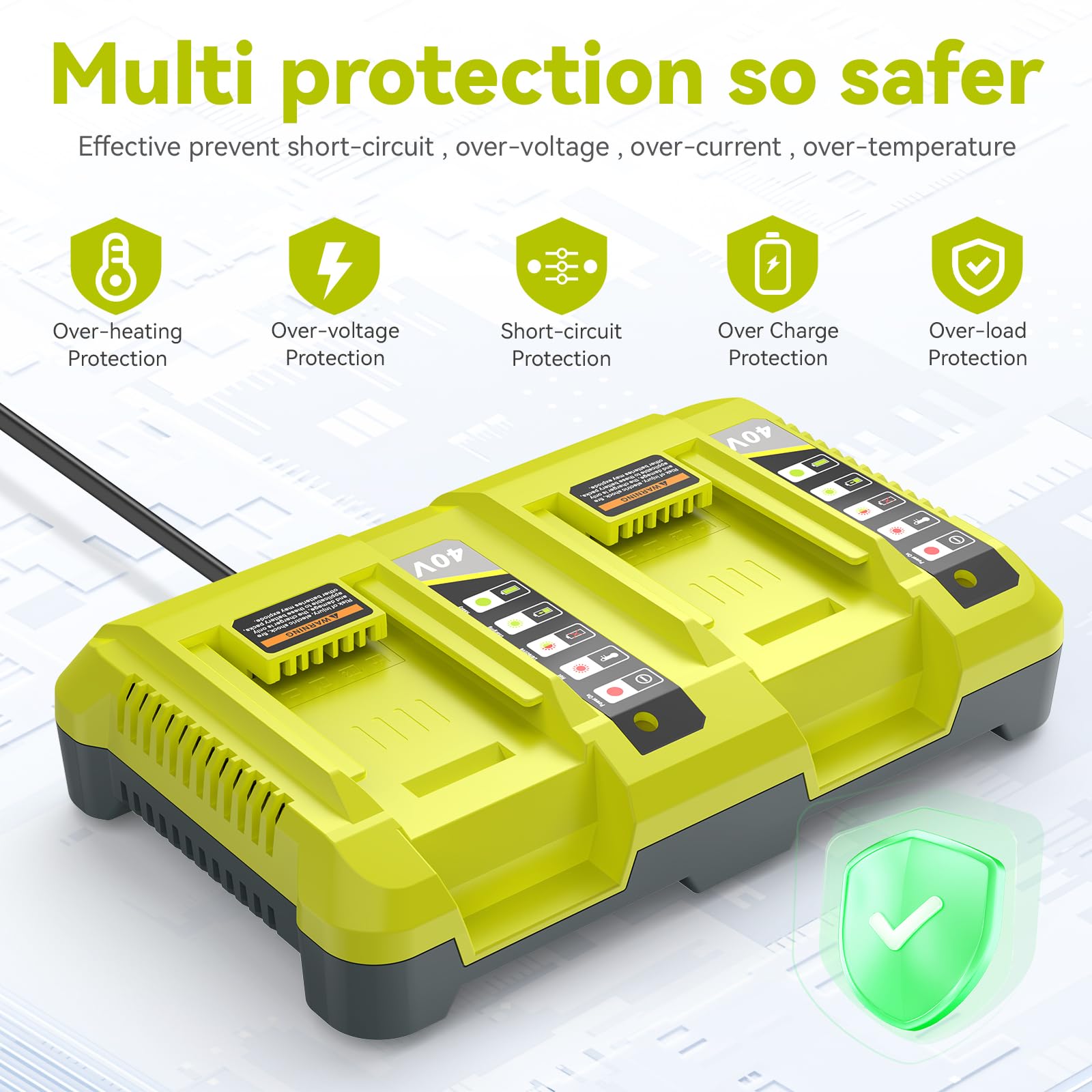 Futurebatt OP401 dual-port charger side view highlighting tidy ports for easy cable management