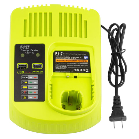 Futurebatt rapid charger for Ryobi P117, front view showing compact design.