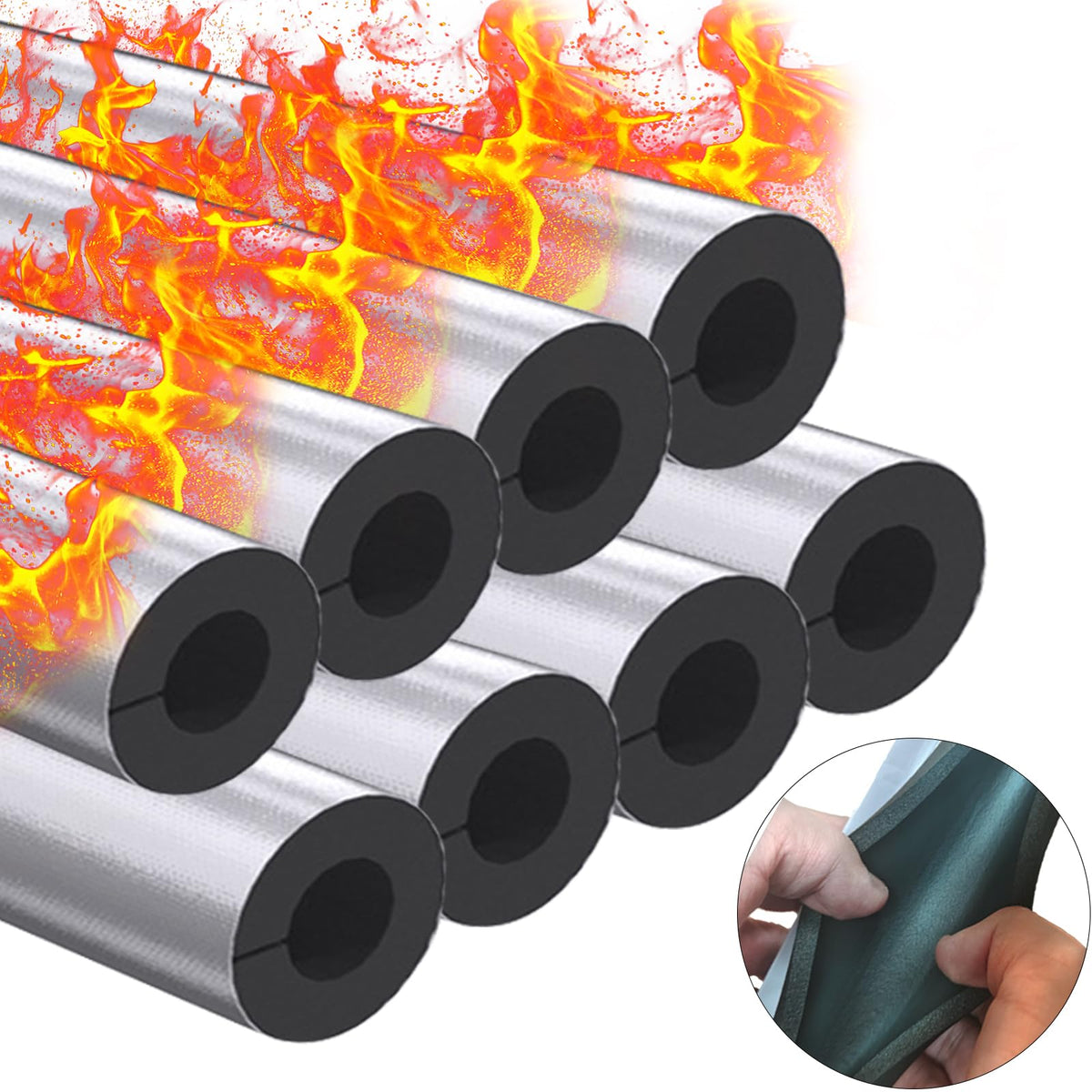 FUYITE pipe insulation foam tube fits 3/4 inch pipes with easy self-adhesive foil.