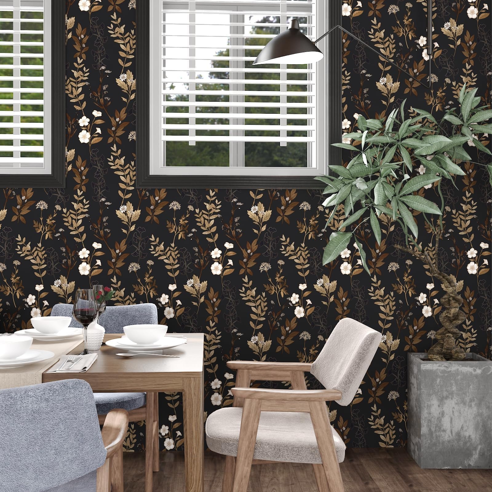 Fvlow wallpaper used for a full-room transformation with a bold black-and-gold vibe