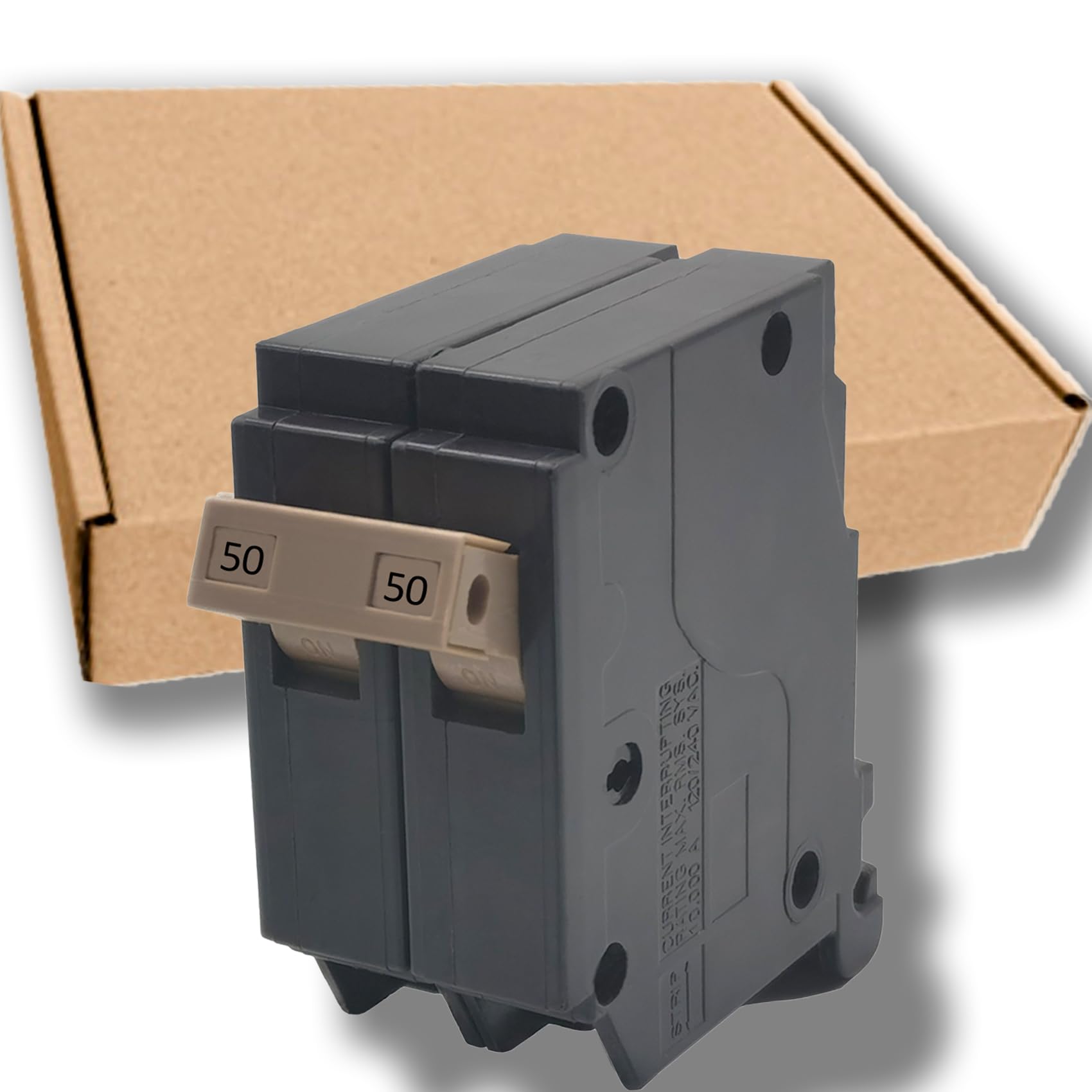 Fxsmgdy 50A 2-pole breaker front view for quick plug-in installation.