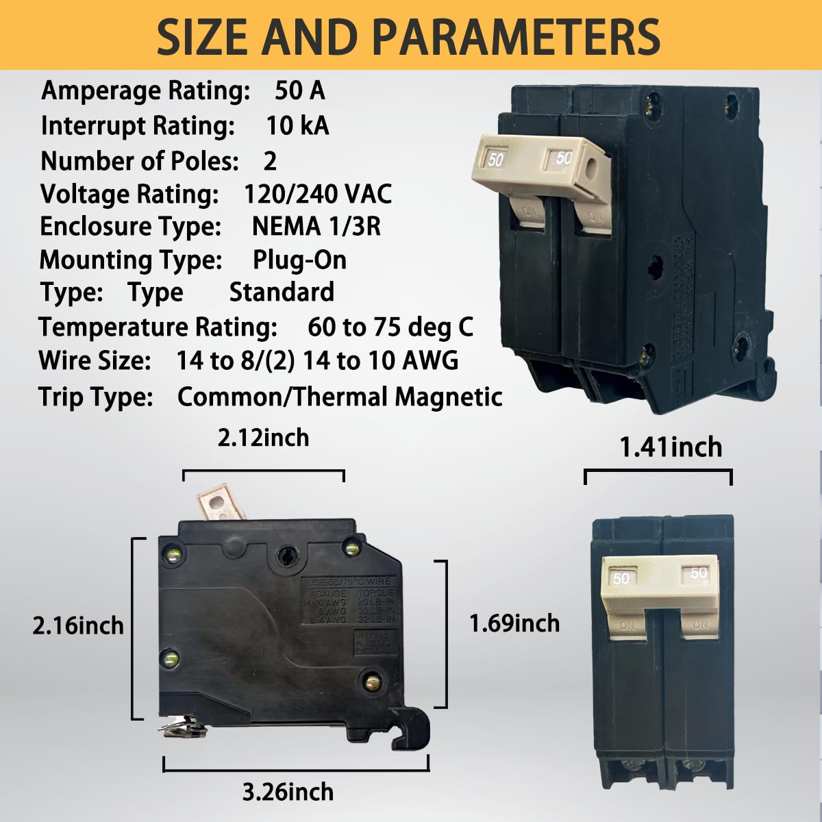 Fxsmgdy 50A 2-pole breaker with thermal-magnetic protection for safety.