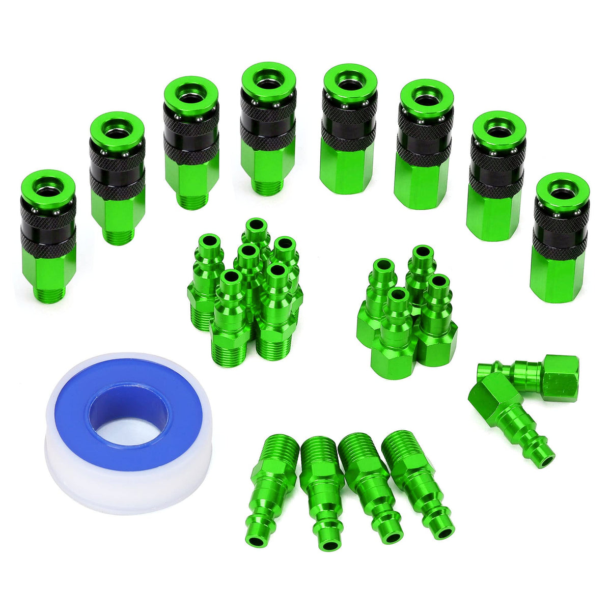 FYPower 25pc NPT aluminum air coupler in green shows durable, corrosion-resistant construction for shop use.