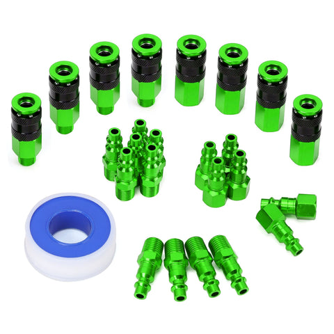 FYPower 25pc NPT aluminum air coupler in green shows durable, corrosion-resistant construction for shop use.