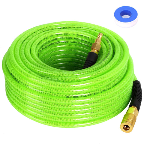 FYPower air hose 100ft reinforced PU body for durable, flexible air delivery.